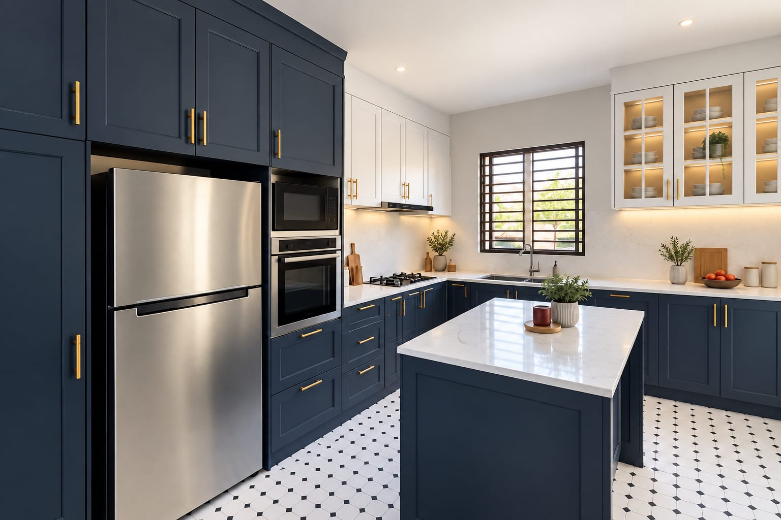 A navy-and-white shaker aluminium kitchen with brass handles, a white stone island and black-and-white patterned floor tiles.